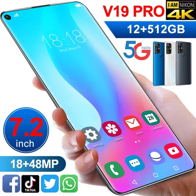 New V19Pro 7.2 Inch Full Screen FHD Smartphone 12GB+512GB Face Unlock 4G 5G Android10.0 Dual SIM Cards Support T Card Dual Rear 18MP+48MP HD Camera Bluetooth GPS Navigation Hi-Fi Sound Quality Smart Phones