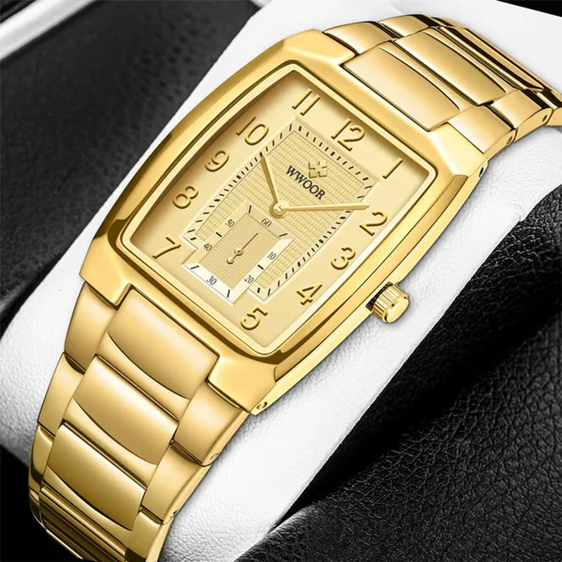 WWOOR 2021 New Fashion Design Top Luxury Brand Men'S Watch Stainless Steel Gold Black Wrist Watch Square Running Seconds Casual Business Waterproof Date Quartz Clock Male Relogio Masculino