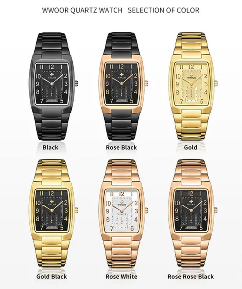 WWOOR 2021 New Fashion Design Top Luxury Brand Men'S Watch Stainless Steel Gold Black Wrist Watch Square Running Seconds Casual Business Waterproof Date Quartz Clock Male Relogio Masculino