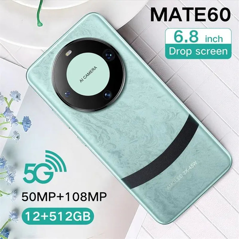 2024 New 5G 6.8 Inch HD Mate60 Android 13.0 HD Screen Water Drop Screen 6800Mah 12+512G Fingerprint Unlocked Version Smartphone