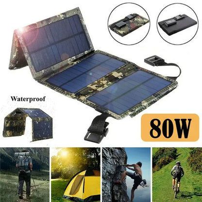 80W USB Solar Panel Folding Power Bank Outdoor Camping Hiking Phone Charger