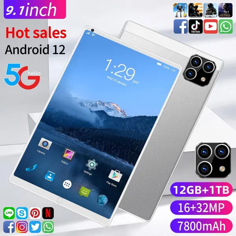 9.1 Inch 10 Core Wifi Tablet PC Android 12.0 System Dual SIM Dual with Camera 16MP+32MP Tablet RAM 12GB+ROM 1024GB Tablet PC