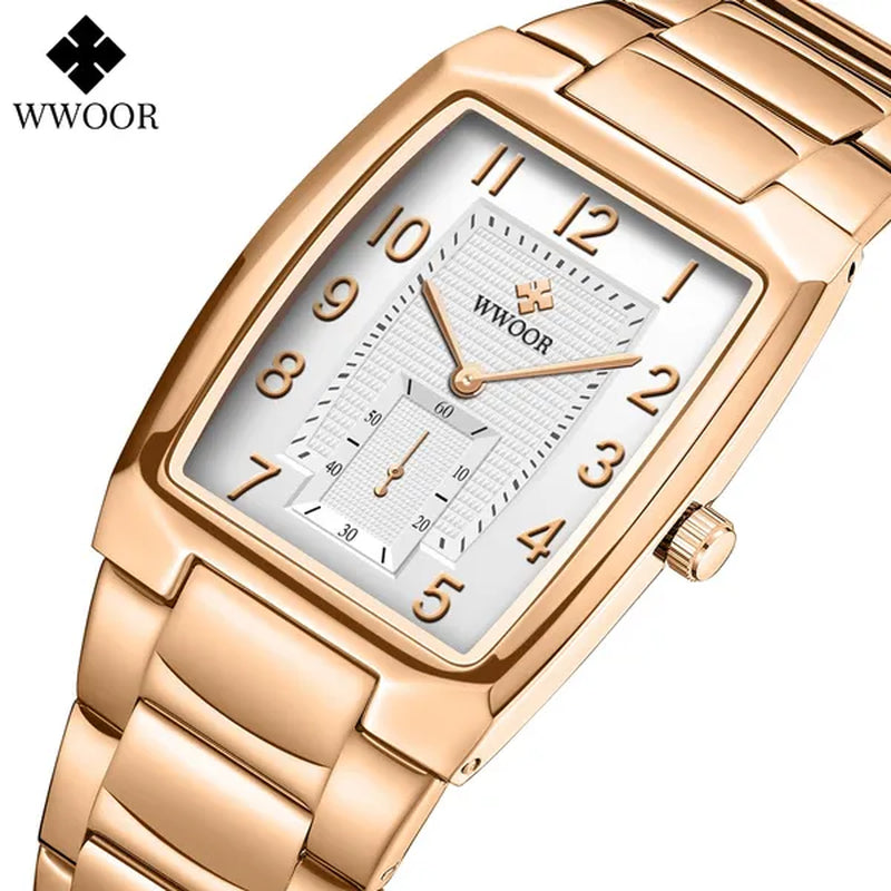 WWOOR 2021 New Fashion Design Top Luxury Brand Men'S Watch Stainless Steel Gold Black Wrist Watch Square Running Seconds Casual Business Waterproof Date Quartz Clock Male Relogio Masculino