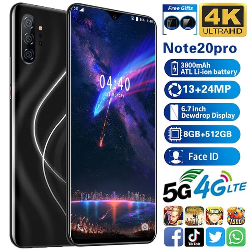 Note20 Pro 6.7 Inch 2.5D Curved Glass Screen Smartphone Face/Fingerprint Support 5G Wifi Android 9.0 1.5Ghz Dual SIM Cards Dual Rear 13MP 24MP HD Camera Bluetooth GPS Network 3G/4G/5G Smart Phones MASK