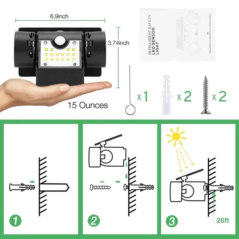 Dual Head 360° Adjustable Spotlights Solar Security Lights with Motion Sensor IP65 Waterproof Solar Motion Lights Outdoor for Front Door Yard Garden Garage Patio Deck