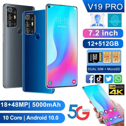 New V19Pro 7.2 Inch Full Screen FHD Smartphone 12GB+512GB Face Unlock 4G 5G Android10.0 Dual SIM Cards Support T Card Dual Rear 18MP+48MP HD Camera Bluetooth GPS Navigation Hi-Fi Sound Quality Smart Phones